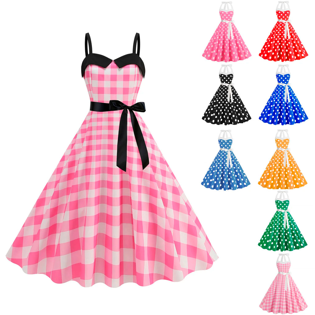 Elegante Vestido de Mujer con Estampado de Puntos, Estilo Hepburn de los Años 50 y 60, Vestido Vintage Sexy con Cuello Halter, Estilo Rockabilly Retro para Fiesta u Oficina, Vestido Pinup 2026
