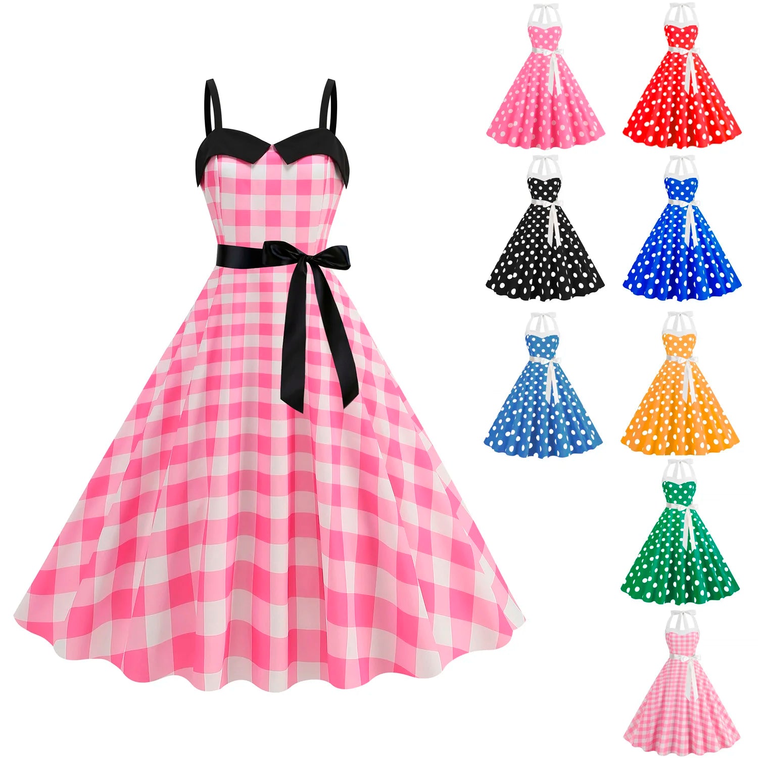 Elegante Vestido de Mujer con Estampado de Puntos, Estilo Hepburn de los Años 50 y 60, Vestido Vintage Sexy con Cuello Halter, Estilo Rockabilly Retro para Fiesta u Oficina, Vestido Pinup 2026