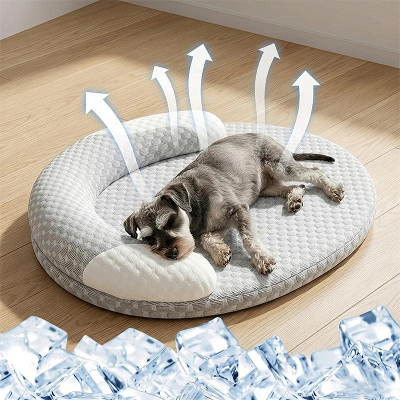 Cama refrescante para perros, colchoneta de seda helada para gatos, nido ovalado para mascotas, almohadilla transpirable de disipación de calor para perros pequeños, medianos y grandes, y gatos.