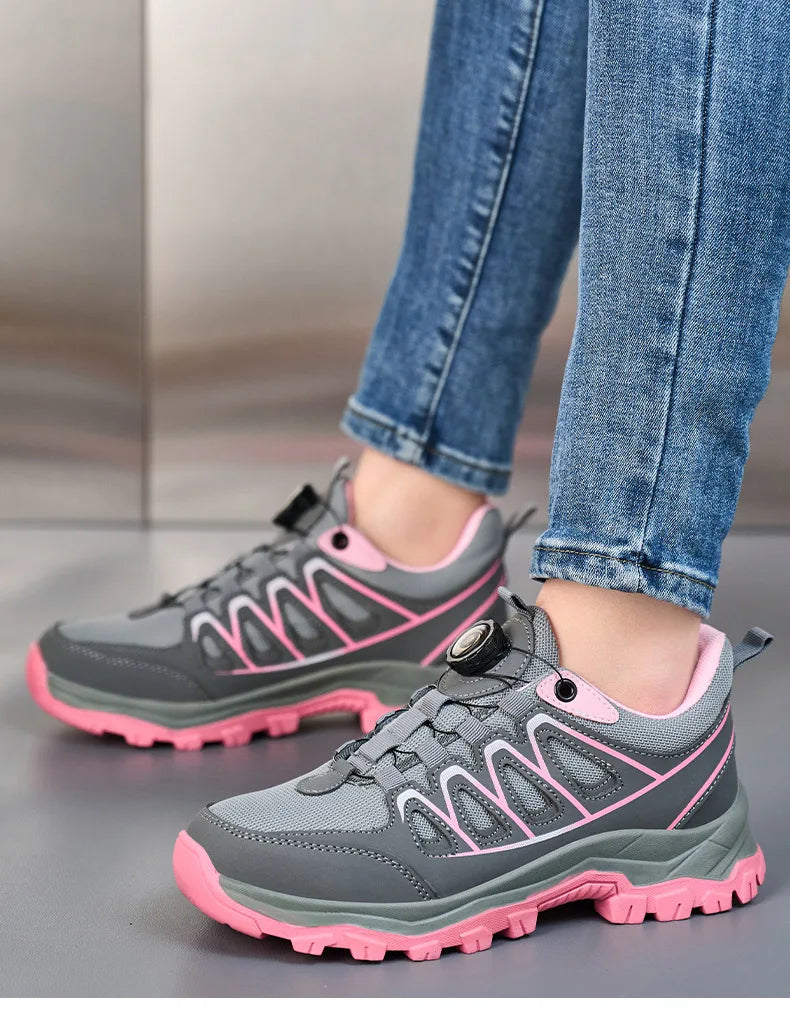 Zapatos de seguridad para el trabajo para mujer, zapatillas de trabajo con punta de acero, botón giratorio, transpirables, antideslizantes, protección a prueba de pinchazos, botas de seguridad rosas