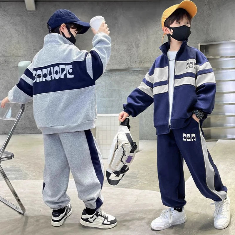 Conjunto de ropa de moda para niños, abrigo con cremallera de retales, pantalones, 2 uds. Para niños de 4 a 12 años, chándales, trajes informales para adolescentes, primavera y otoño