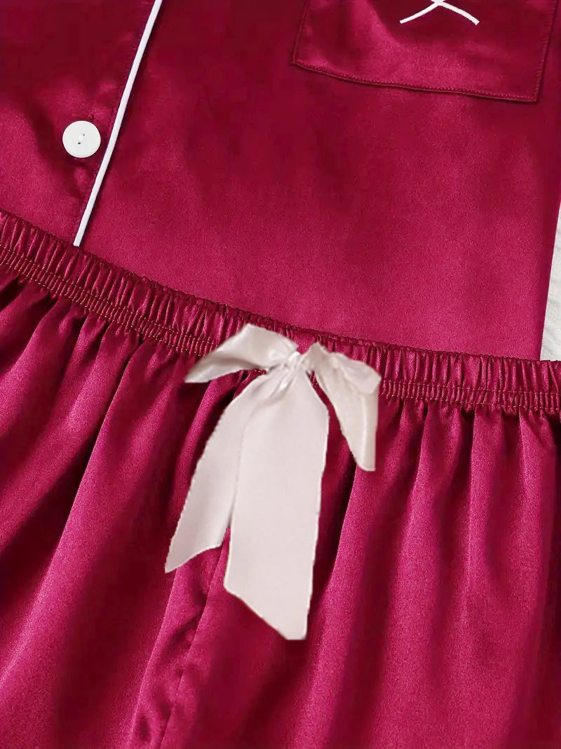 Conjunto de pijama para mujer, ropa de dormir con bolsillo bordado en forma de corazón, Top y pantalones cortos de manga corta con botones, pijama, ropa para el hogar