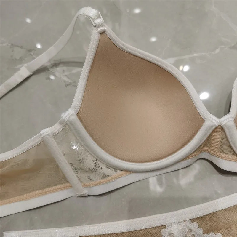 Conjunto de sujetador y bragas con forro fino de retazos de encaje sin espalda en U, ropa interior con realce, lencería hermosa para mujer, bragas de malla