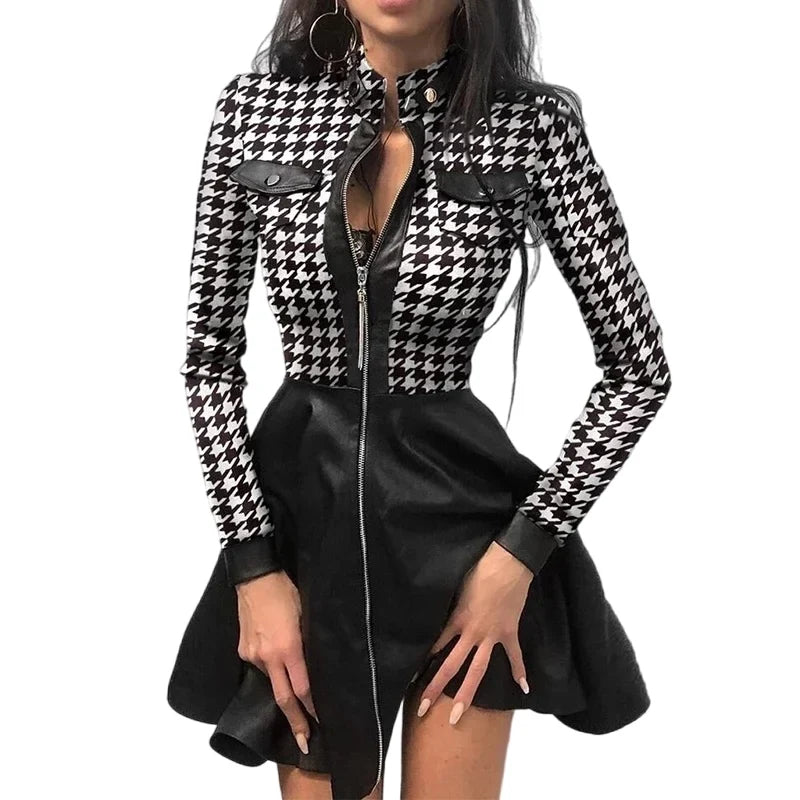 Minivestido Sexy para mujer, Vestidos de fiesta de retazos, manga larga, encaje, bolsillos con cremallera, cuello alto, botones, Delgado