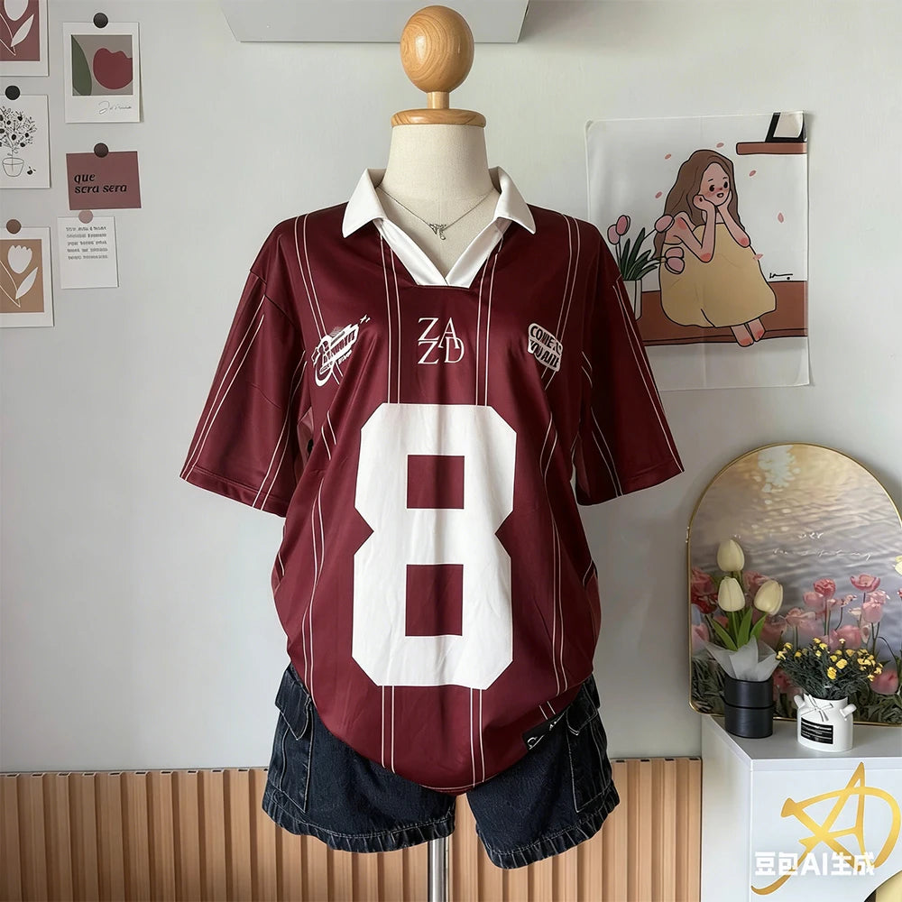 Camiseta de Verano para Mujer, Nueva, Número 8, de Manga Corta, Estilo Urbano Y2K, Deportiva, Informal, con Estampado de Letras, Tipo Polo
