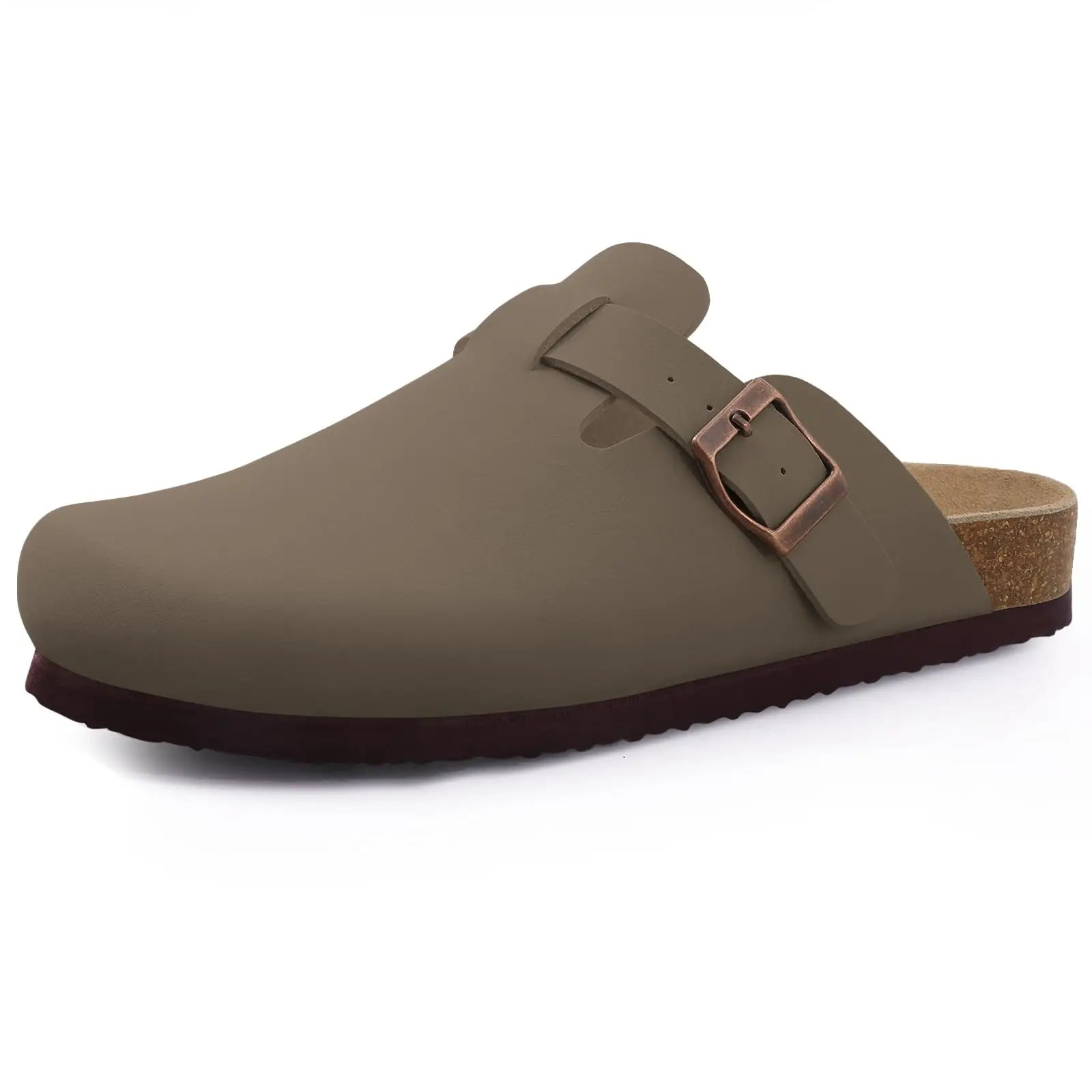 Comwarm Zapatillas tipo zuecos de ante para mujer, mulas de cuero, zapatillas planas clásicas de corcho para hombre, sandalias con reposapiés de corcho para exteriores con soporte para arco