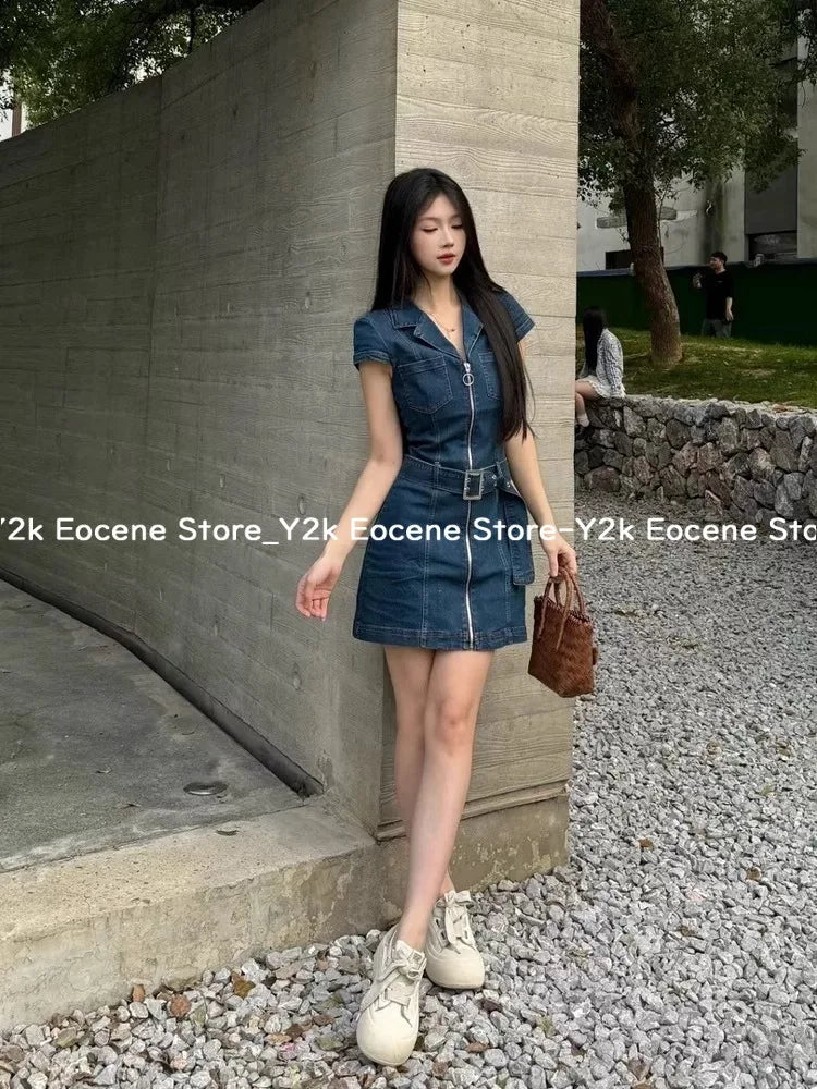 Vestido corto vaquero negro Retro americano para mujer, vestido elegante ajustado de una pieza con cremallera de verano, ropa informal de diseño de moda coreana