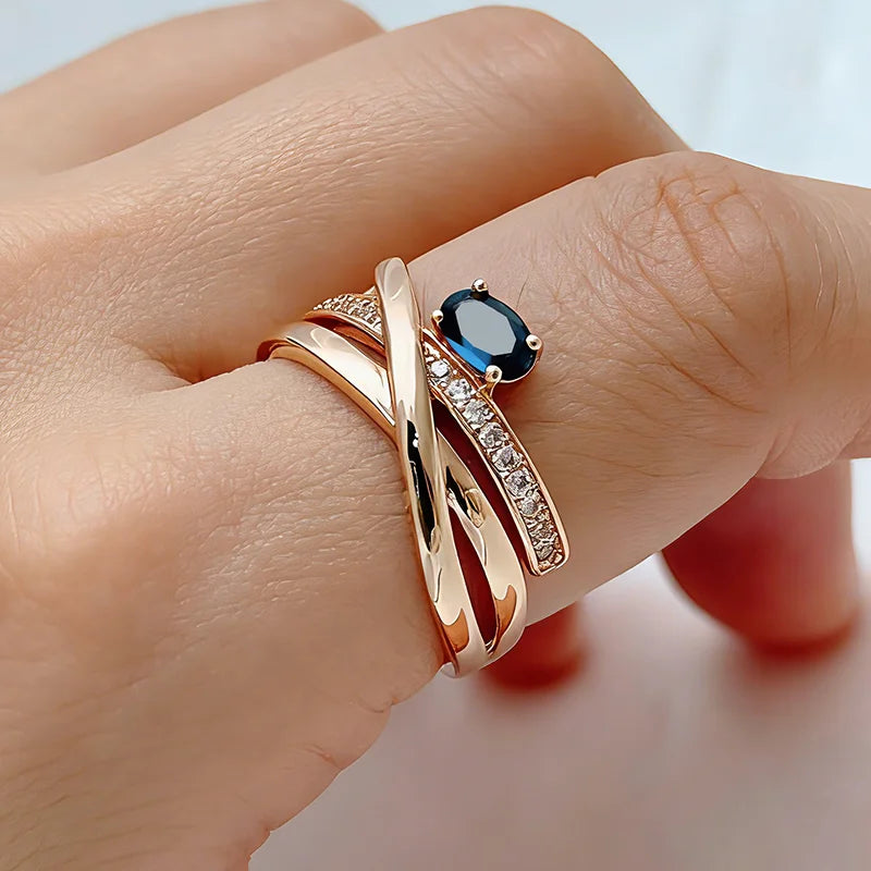 Kinel inusual 585 anillos cruzados de Color oro rosa para mujer, accesorios de circón Natural azul brillante de lujo, joyería diaria para fiesta