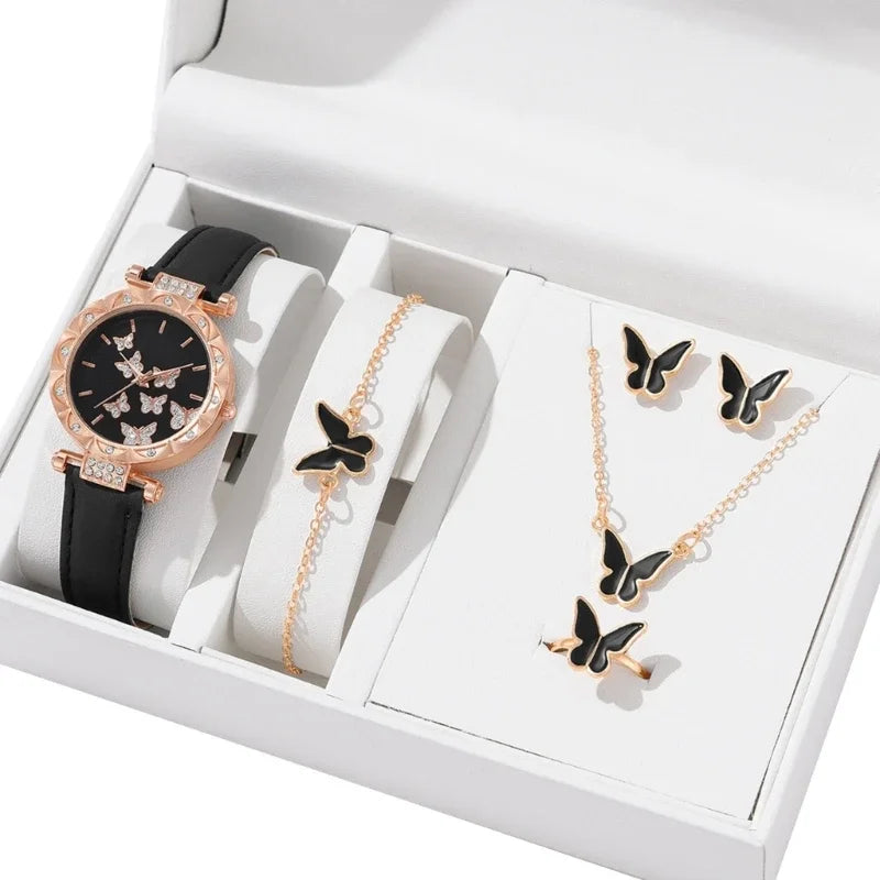 Conjunto de joyería de mariposa (sin caja), relojes para mujer, relojes de cuero para mujer, anillos, collar, pendientes, pulsera, regalo de boda