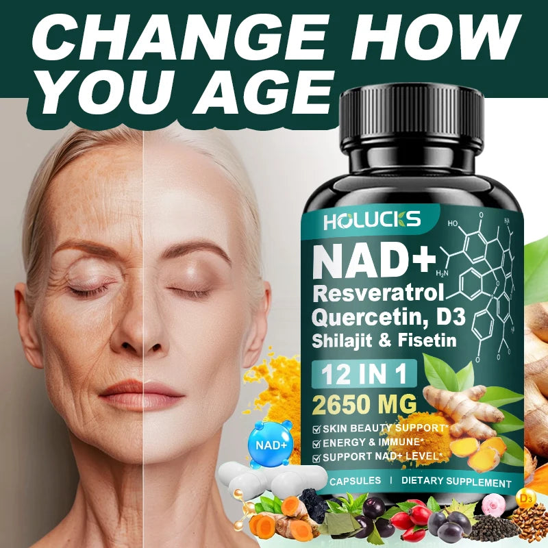 Cápsulas de NAD+ con Resveratrol, Suplemento 12 en 1, Mejora la Vitalidad Celular, Apoya la Energía y la Concentración, la Salud Inmunológica y de la Piel