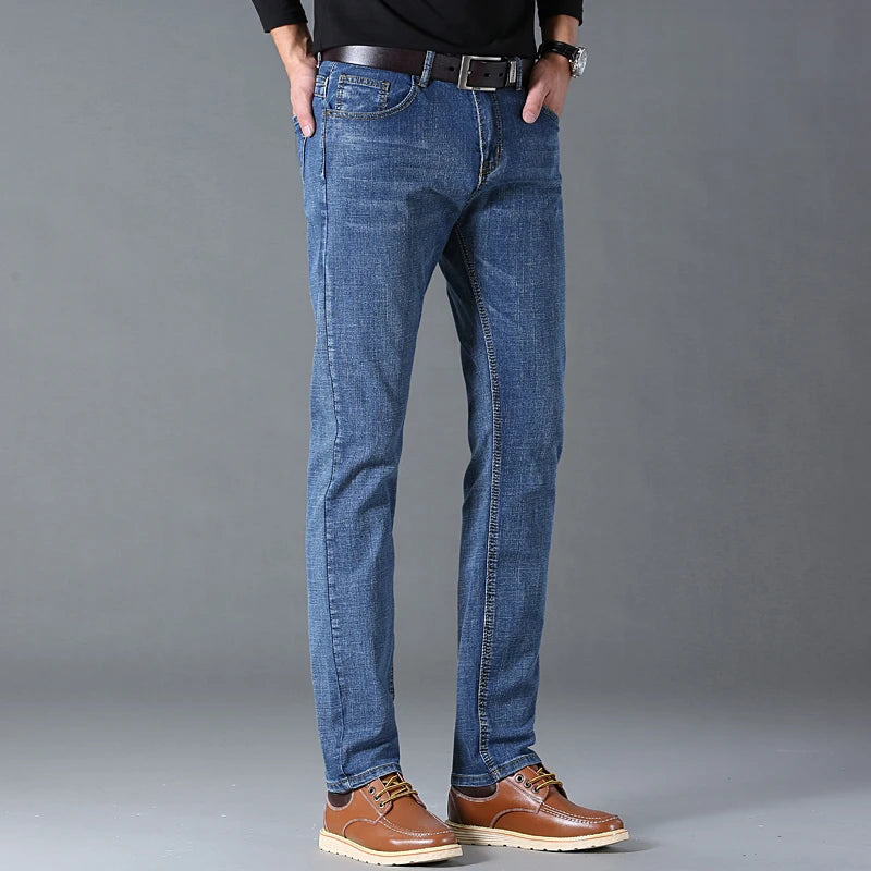 Primavera otoño hombres de negocios Jeans Casual recto estiramiento moda clásico negro cielo azul gris trabajo Denim pantalones marca ropa