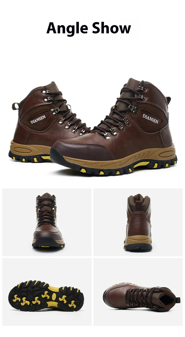 Botas de seguridad de trabajo indestructibles de cuero impermeables para hombre, botas militares para exteriores, zapatos industriales antigolpes y antipinchazos para hombre