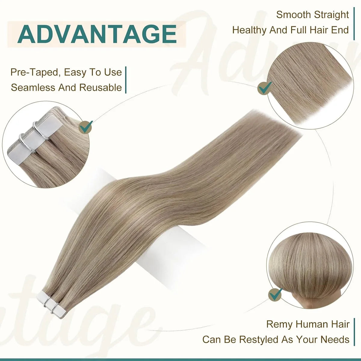 Extensiones de cabello con cinta Invisible, extensiones de cabello Remy Real para mujeres, postizos rectos de color rubio ceniza mezclado rubio platino