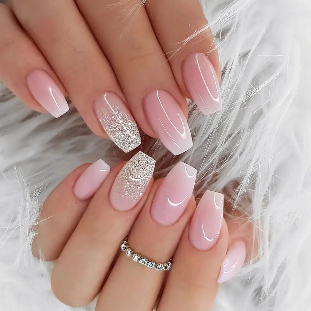 24 Uñas Postizas Degradadas Francesas Estilo Bailarina, Resistentes al Agua, Forma Ataúd Mediano, Uñas Falsas, Puntas de Uñas a Presión