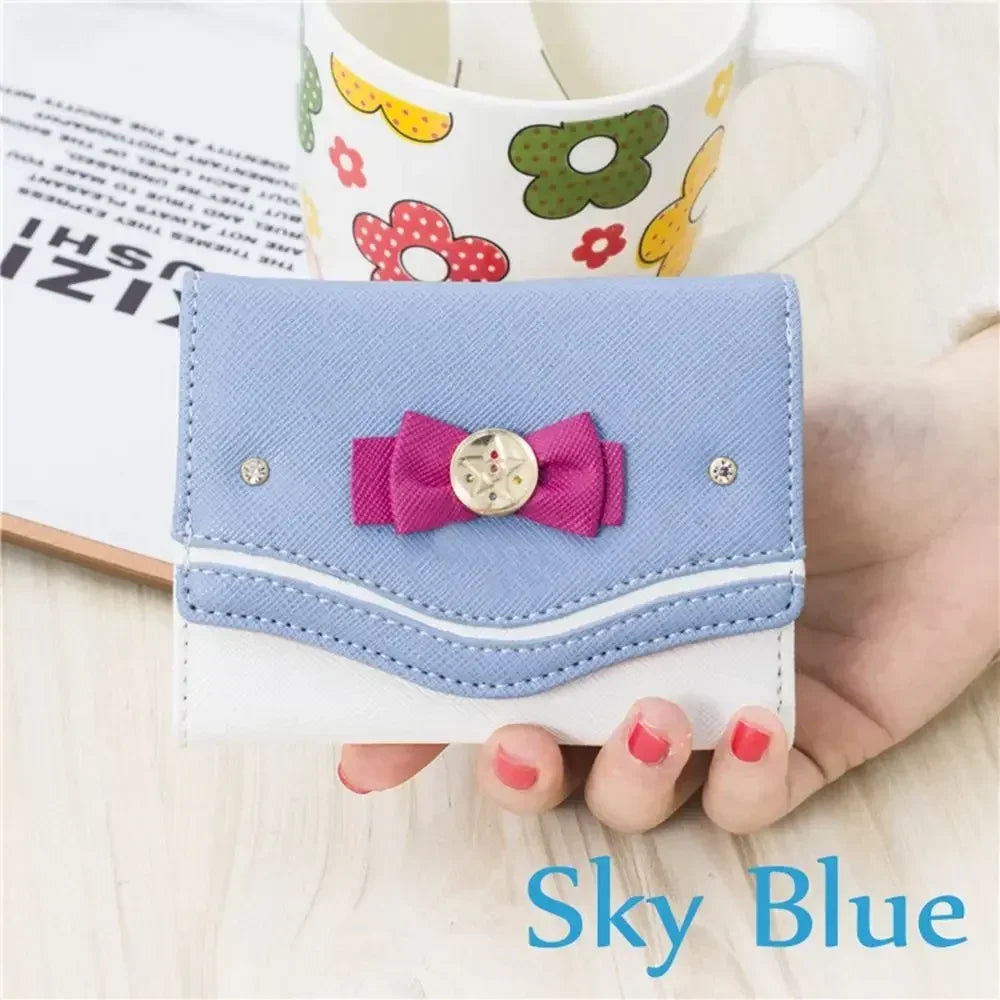 Cartera corta para mujer, bolso de mano con nudo de lazo de Color caramelo, cartera de moda para chica Sailor Moon, bolso de mano, monedero para tarjetas, nuevo Popular