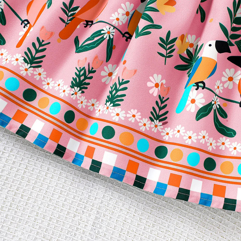 Vestido de verano para niña con estampado de plantas y mangas con mosca pequeña