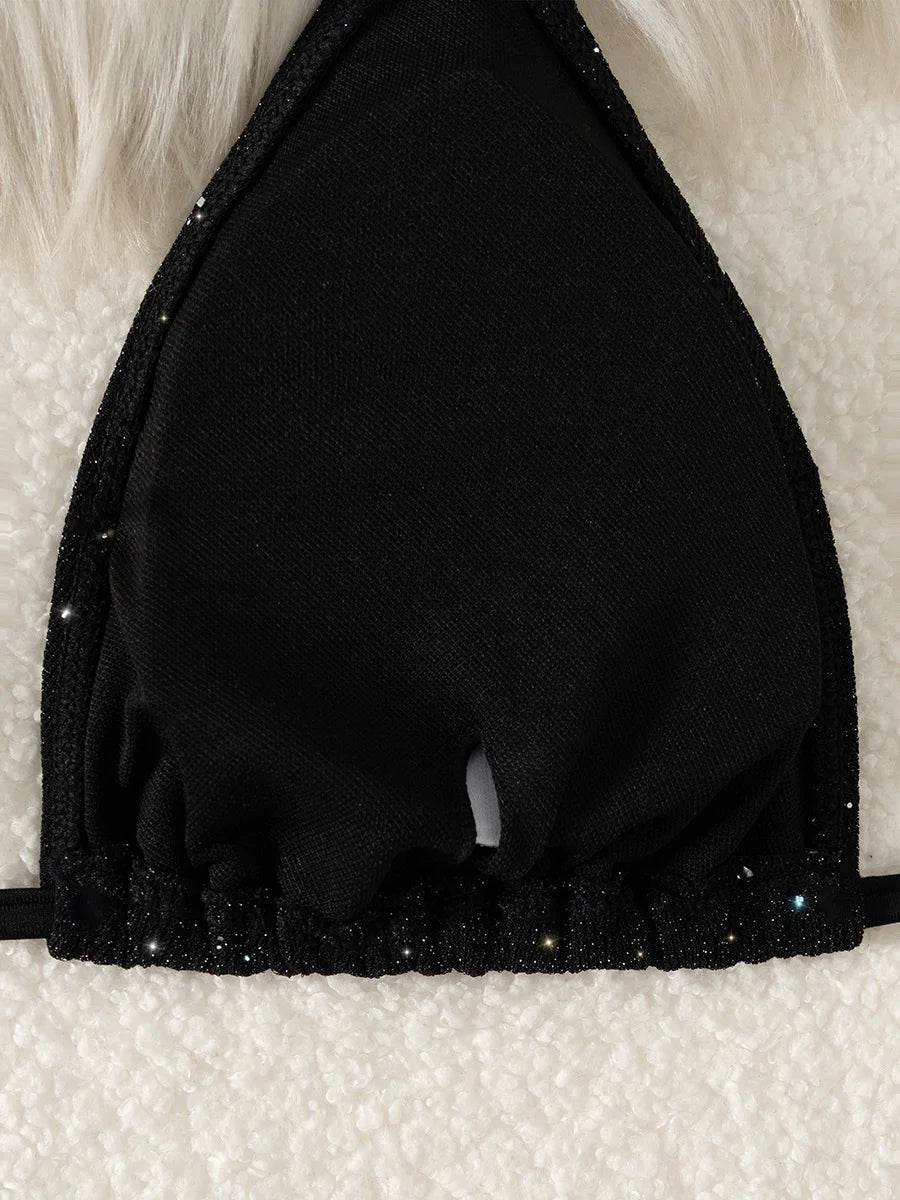 Bikini brillante con tiras y cuello Halter, Bikinis de corte alto para mujer, traje de baño para mujer, conjunto de Bikini de dos piezas, traje de baño 2025
