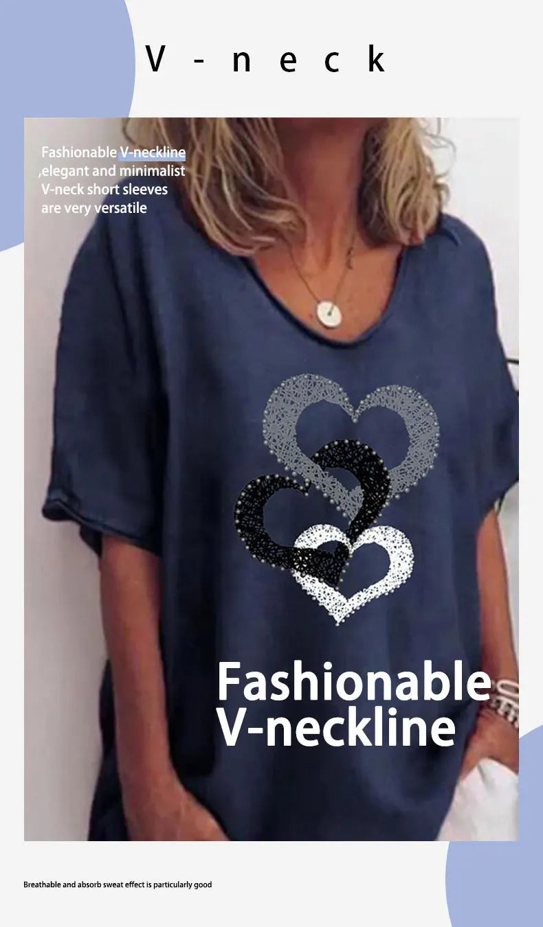 Camiseta con cuello en V para mujer, camiseta de manga corta con estampado 3D, camiseta informal holgada en blanco y negro, ropa de calle a la moda, jersey para mujer