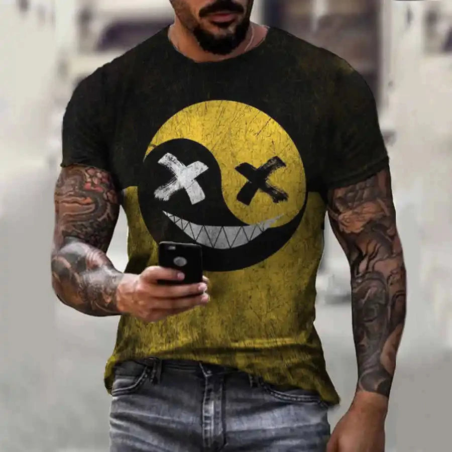 Camiseta de gran tamaño para hombre, pantalón corto informal de manga Hip Hop con estampado de cara sonriente, camiseta de talla grande, Jersey, camiseta para hombre 2024