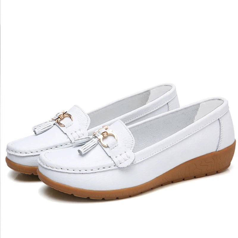 Zapatos de Mujer, mocasines de enfermera, Zapatos planos clásicos, Zapatos planos cómodos para Mujer, calzado informal de cuero blanco para Mujer