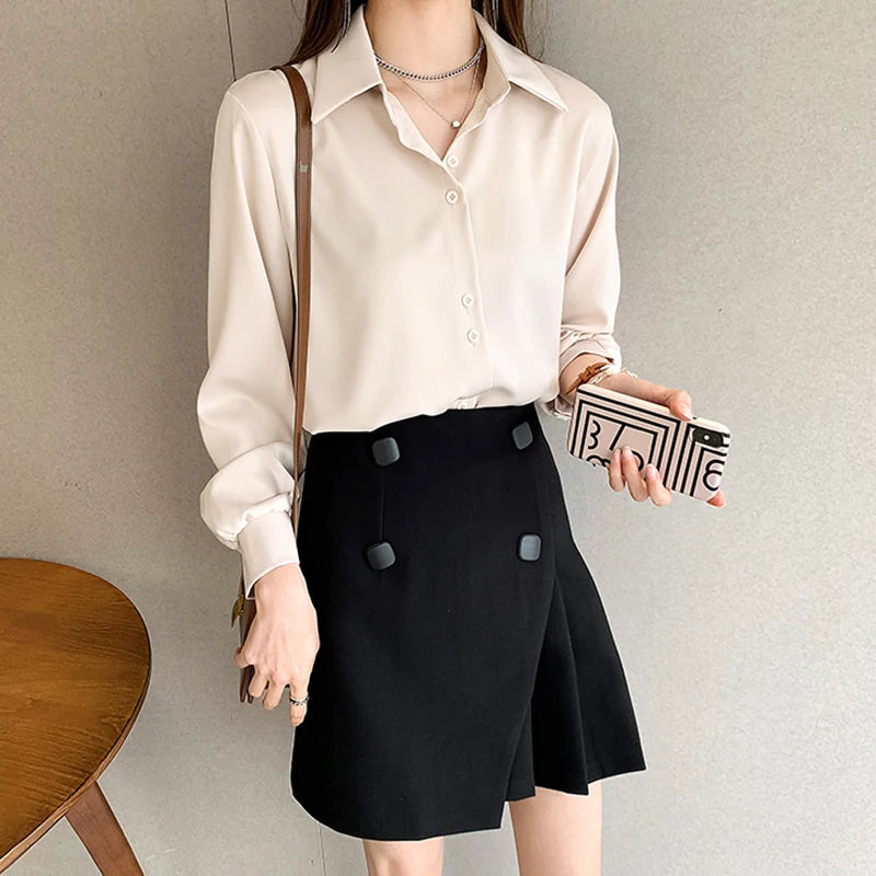 Camisas de talla grande, moda Primavera Verano, blusa holgada de manga larga para mujer, Tops informales de gasa, camisas de oficina para mujer