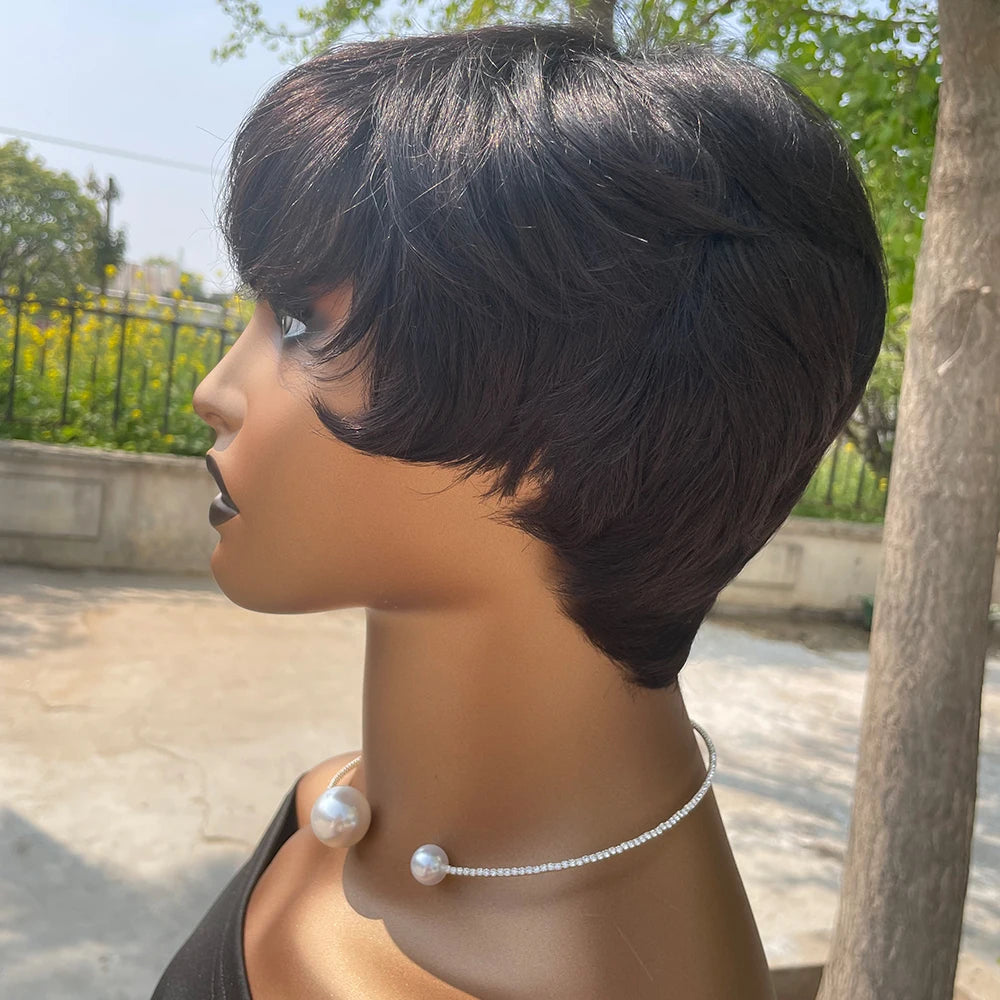 Peluca corta de corte Pixie, cabello humano para mujeres negras, pelucas hechas a máquina con flequillo, peluca corta, pelucas de cabello humano
