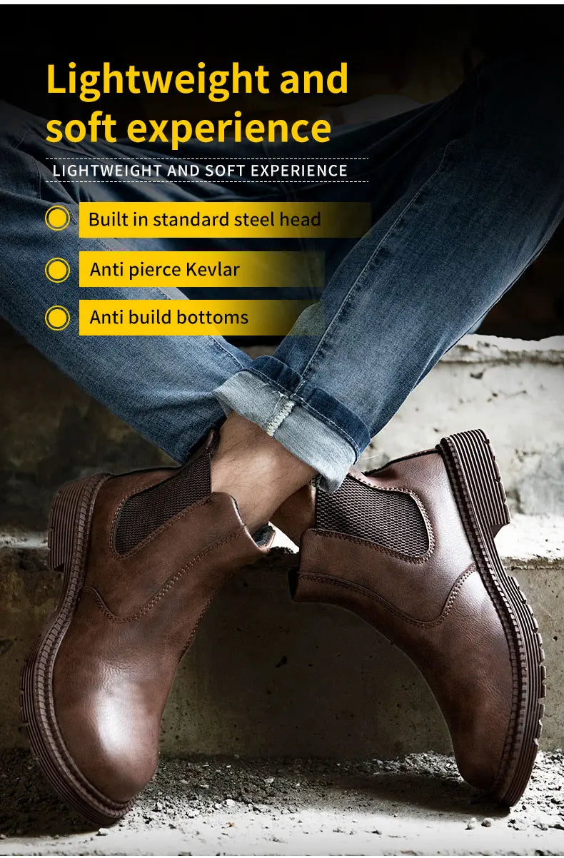 Botas de trabajo Lerther para hombre, zapatos de seguridad indestructibles, zapatillas de trabajo a prueba de pinchazos con punta de acero, zapatos de trabajo para hombre