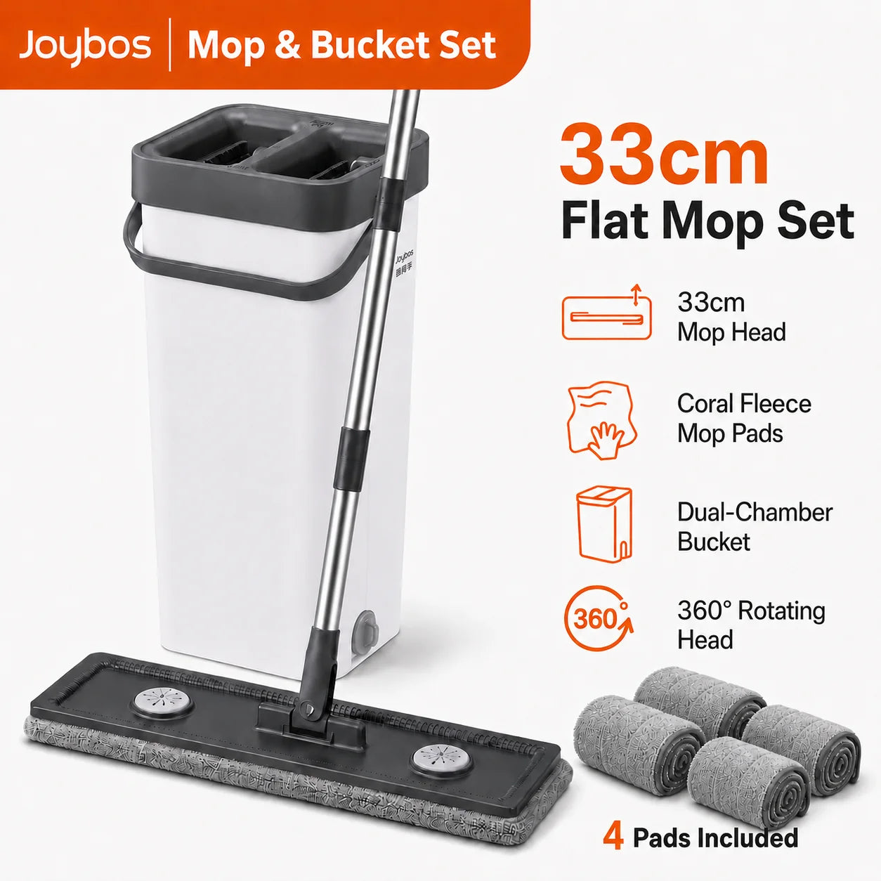 Juego de fregona plana y cubo Joybos con escurridor manos libres, sistema de limpieza de suelos de doble cámara de 13 pulgadas para lavado y secado, 360 °   Cabezal giratorio para madera dura/baldosas, incluye 2 almohadilla