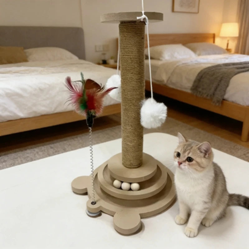 Rascador para Gatos Resistente – Sisal Antiparasitario, Rascador Giratorio y Varita de Juego Colgante