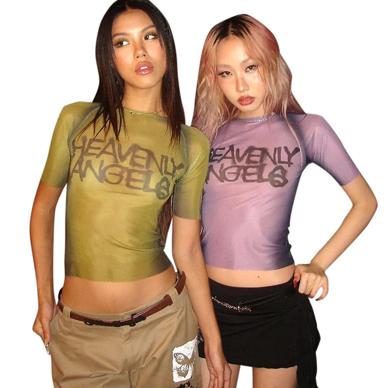 Top con estampado De letras Y2K, camisetas gráficas transparentes para Mujer, Ropa estética De manga corta, Ropa De Mujer ajustada, ropa De calle Sexy