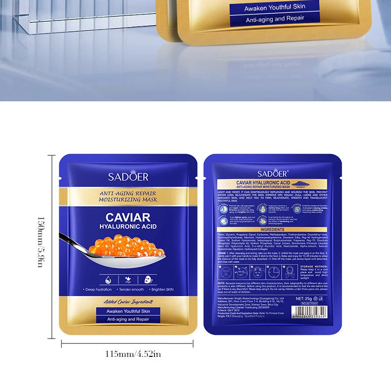 5 uds SADOER Caviar ácido hialurónico mascarillas faciales hidratantes brillo reafirmante mascarilla Facial hidratante productos para el cuidado de la piel Facial