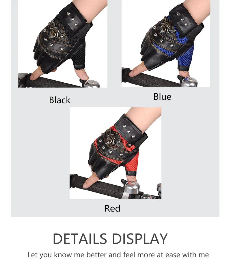 Guantes sin dedos de cuero PU de capitán pirata para hombre y mujer, manoplas con remaches de calaveras, guantes de gimnasio de Hip Hop, guantes de medio dedo para Moto femenina