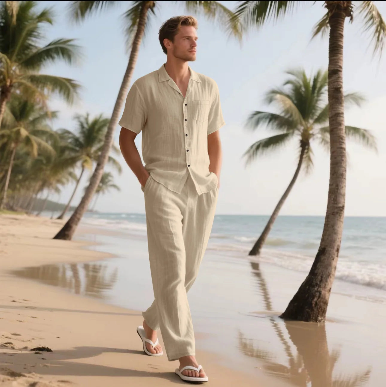 Conjuntos informales de dos piezas de lino y algodón para hombre, camisas y pantalones básicos Vintage de playa, traje informal de Color sólido, conjunto de chándales hawaianos para hombre