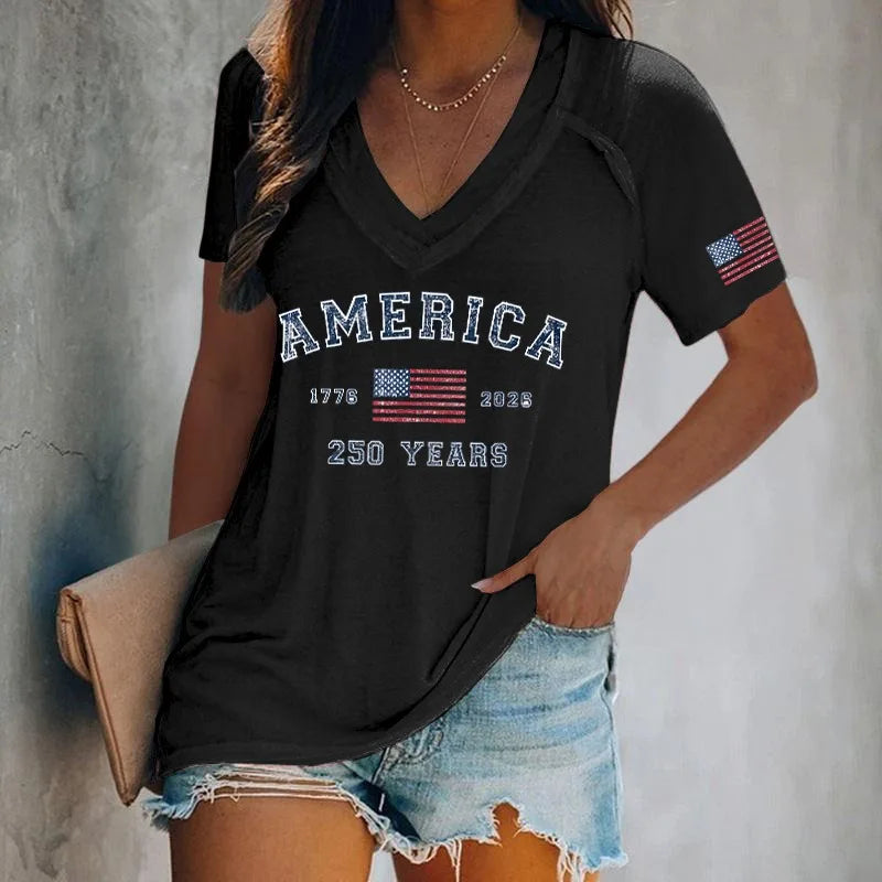 Camisetas con Estampado America 250 para Mujer, Camisetas Casuales Holgadas de Manga Corta con Cuello en V, Camisetas de Verano, Nueva Llegada 2026