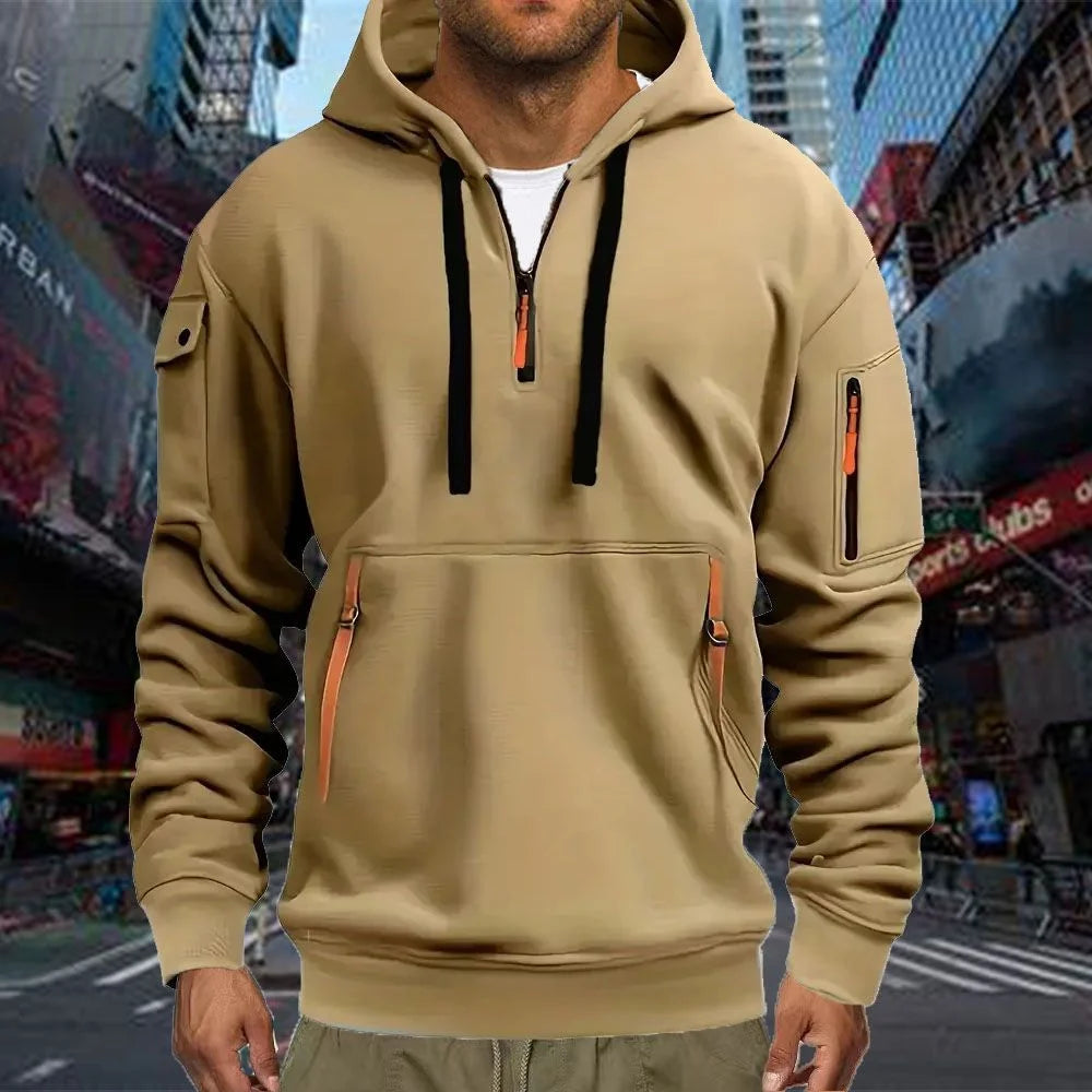Sudadera deportiva informal para hombre, jersey de manga larga de Color sólido a la moda para primavera y otoño con bolsillo en el brazo y cuerda de tracción de talla grande