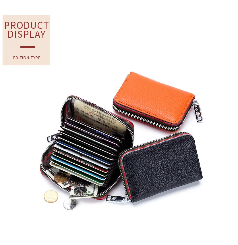 Tarjetero de cuero genuino para hombre y mujer, cartera pequeña con cremallera, monedero sólido, diseño de acordeón, identificación Rfid, bolsas para tarjetas de crédito comerciales
