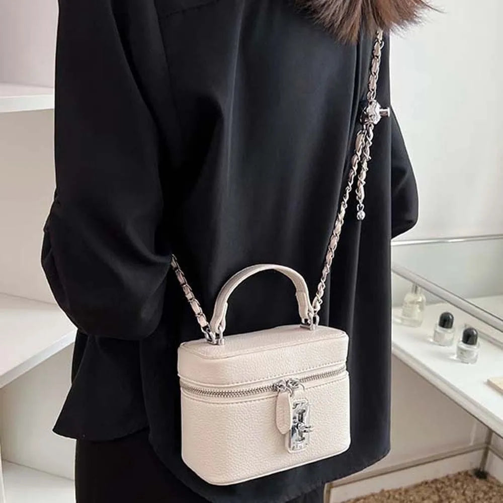 Bolso de mano cuadrado compacto con textura granulada, cierre de cremallera, estilo macaron, de cuero vegano, construcción sólida.