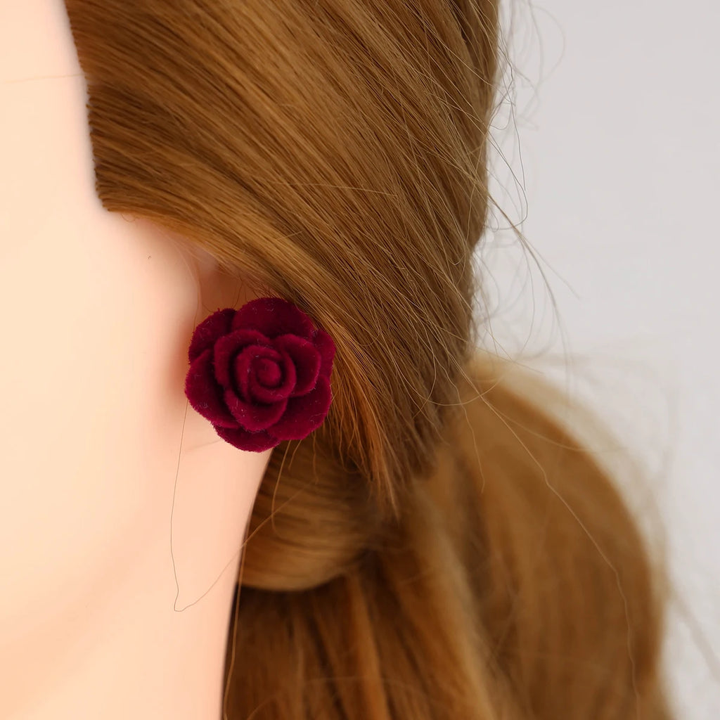 Pendientes y pendientes de flores de terciopelo rojo de moda, minimalistas y personalizados, regalo