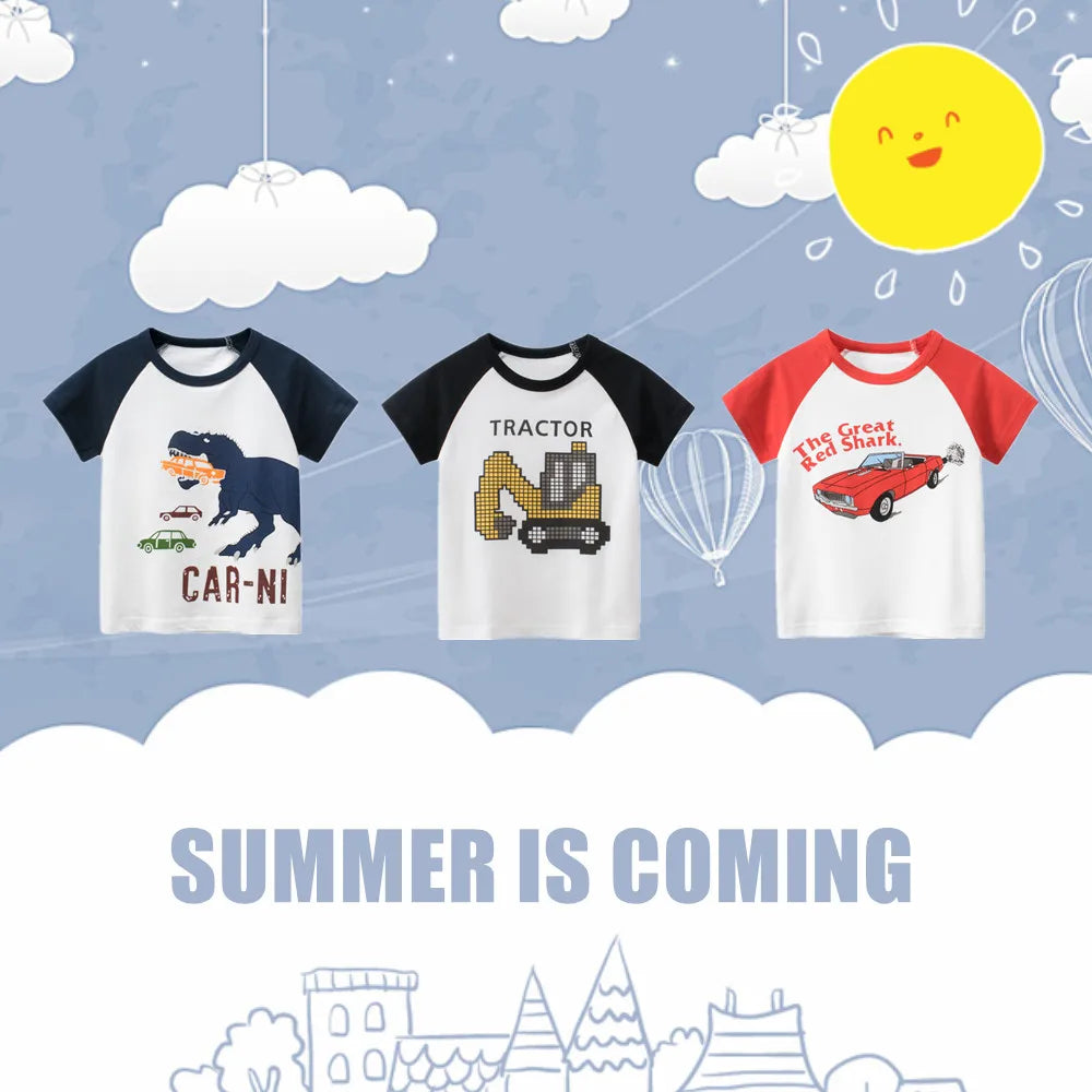 Camisetas cortas de manga corta para niños, 2023 algodón, oso, coche, animales, dibujos animados, Top deportivo informal, 100%