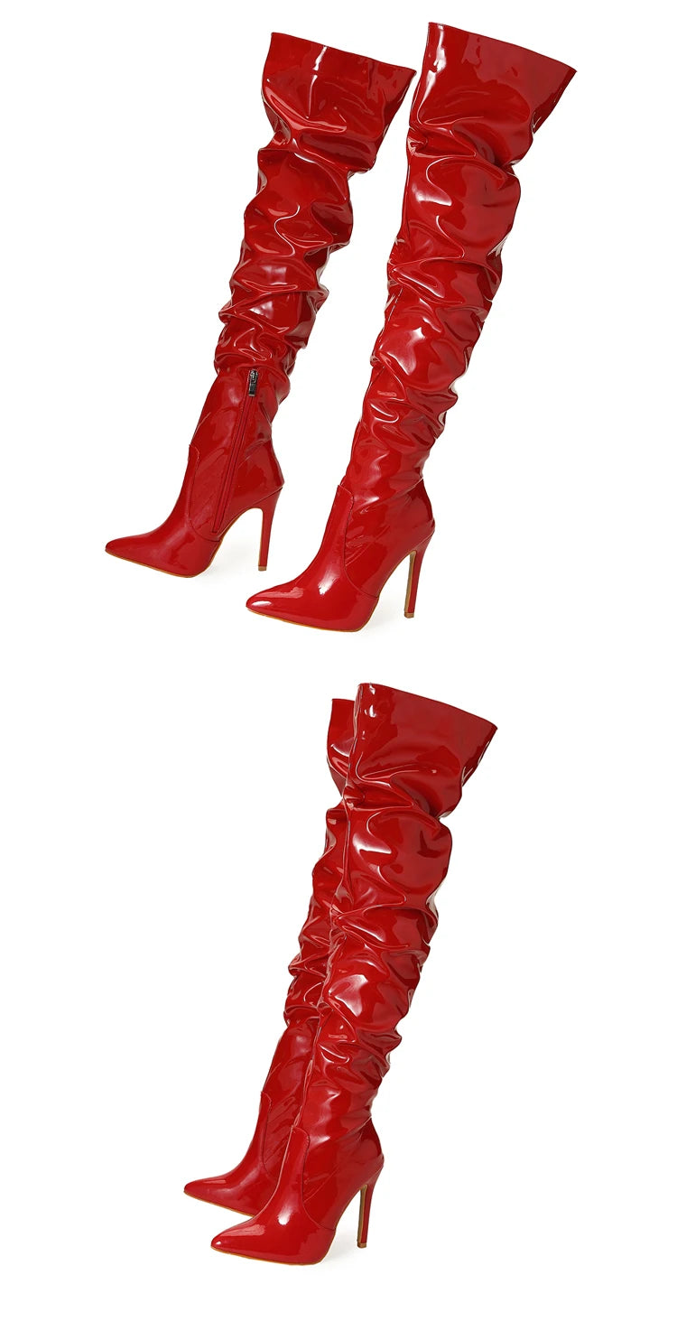 Eilyken-Botas por encima de la rodilla plisadas de charol para mujer, zapatos hasta el muslo con cremallera y punta estrecha, a la moda, alta calidad