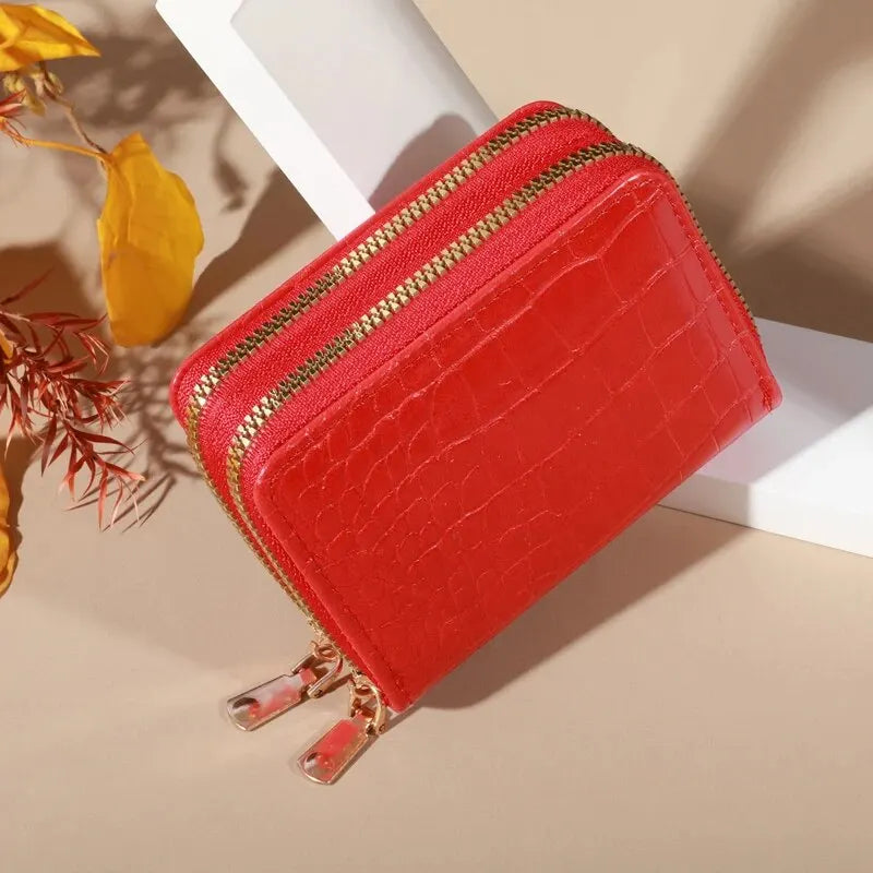 Cartera elegante para mujer con múltiples tarjetas: bolso de mano seguro con doble cremallera |   Monedero casual de cuero PU con bolso de tarjeta de cocodrilo de almacenamiento de estilo