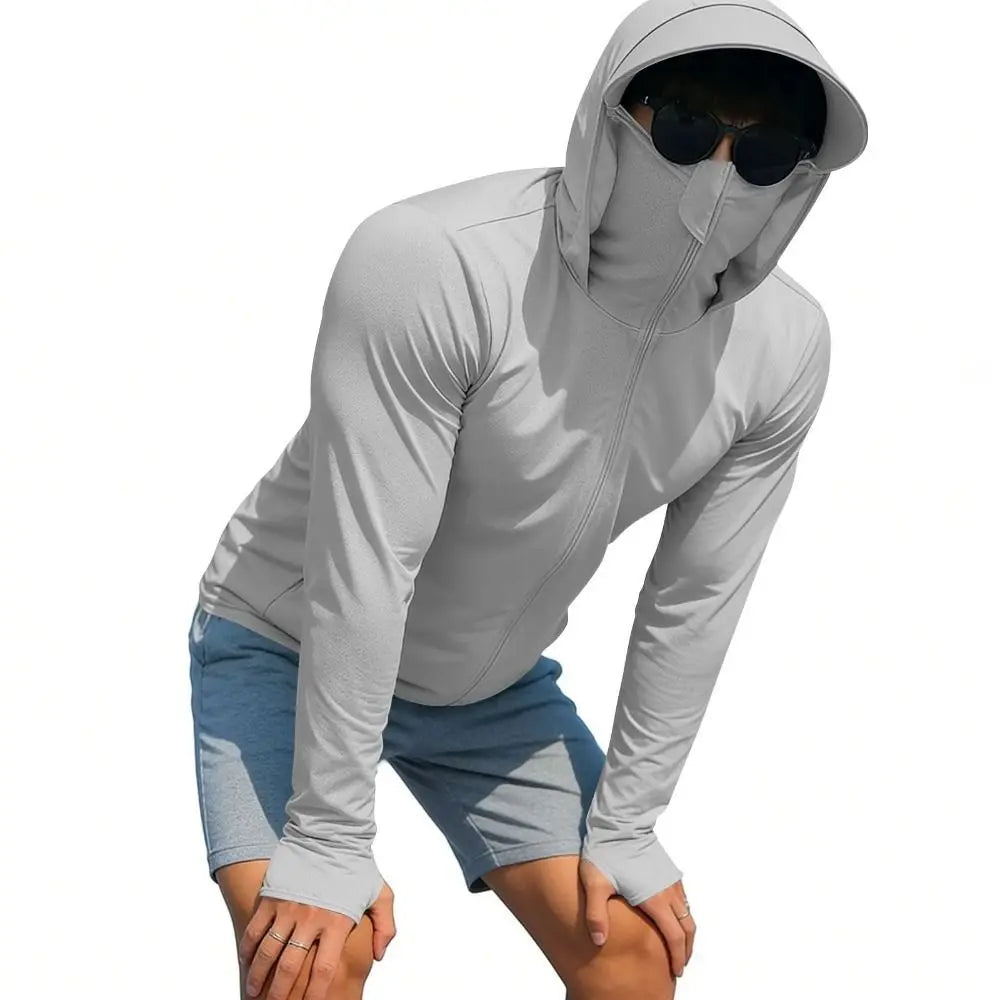 Nueva sudadera con capucha de seda helada para hombre, protección solar, secado rápido, cremallera completa, camisa UV de manga larga con máscara facial, camisa de pesca para hombre