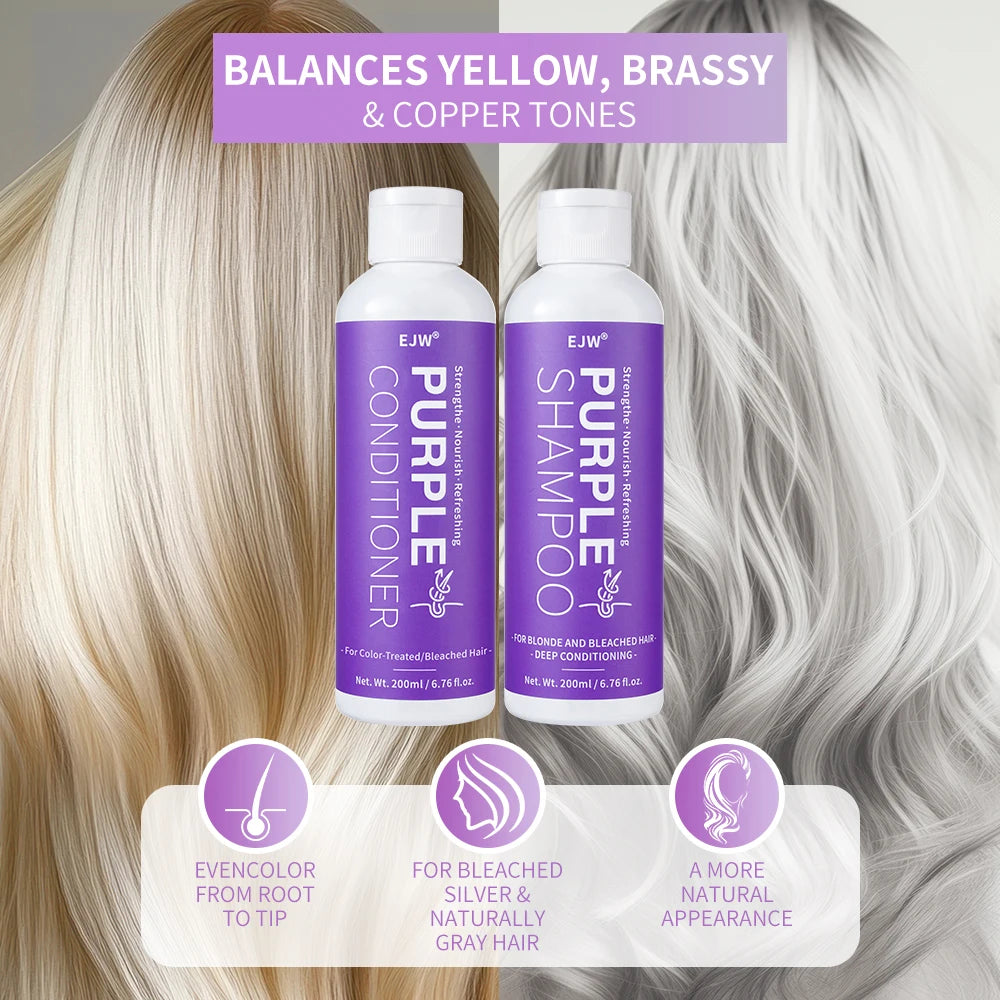 Set Champú y Acondicionador Morado para Rubio, Gris - Cabello Color Tratado - Infusido con Aceite de Cocos Nucifera para Rizado y Danificado