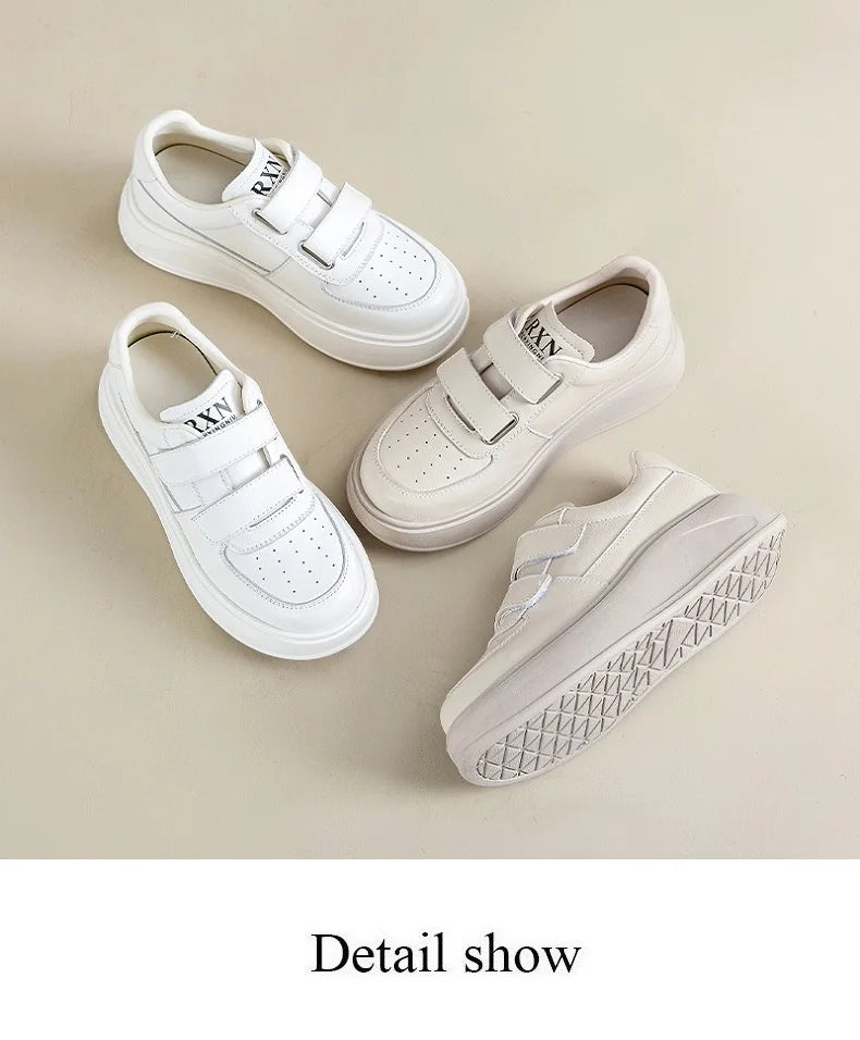 DRKANOL, zapatos de plataforma con suela gruesa y aumento de altura, zapatillas informales de cuero genuino para mujer, zapatos de tabla con gancho y bucle para mujer, color blanco