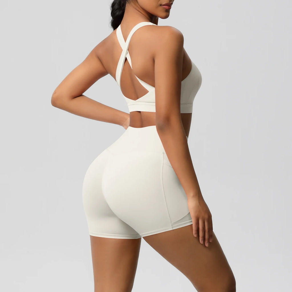 Ropa deportiva con bolsillo para mujer, conjunto de Yoga, ropa de gimnasio, trajes de Yoga para mujer, chándales, pantalones cortos deportivos, sujetador cruzado, mallas de gimnasio, 2 uds.