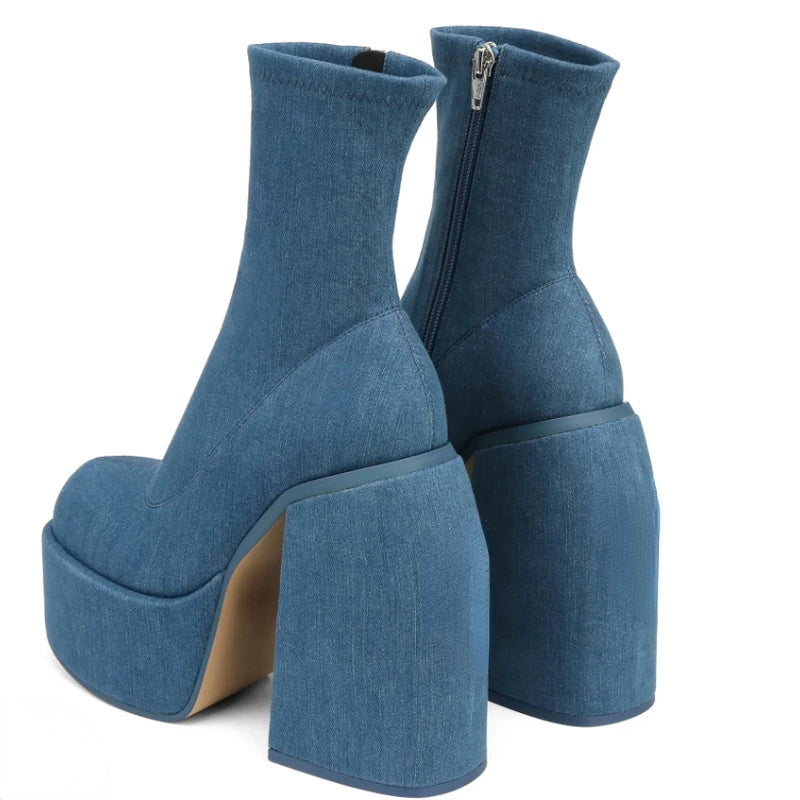Botas modernas con tacones de plataforma para mujer, botas de cuero con punta redonda, tacones gruesos, zapatos de tacón de bloque de diseñador con cremallera, zapatos informales a la moda para chicas