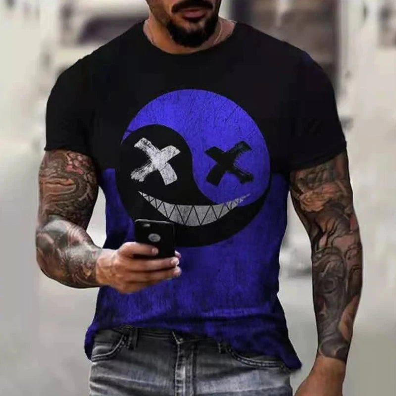 Camiseta de gran tamaño para hombre, pantalón corto informal de manga Hip Hop con estampado de cara sonriente, camiseta de talla grande, Jersey, camiseta para hombre 2024