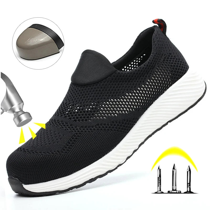 Zapatillas de trabajo ligeras de malla de verano, zapatos de seguridad protectores con punta de acero para el trabajo, zapatos de construcción transpirables para hombres y mujeres, botas de trabajo para hombres