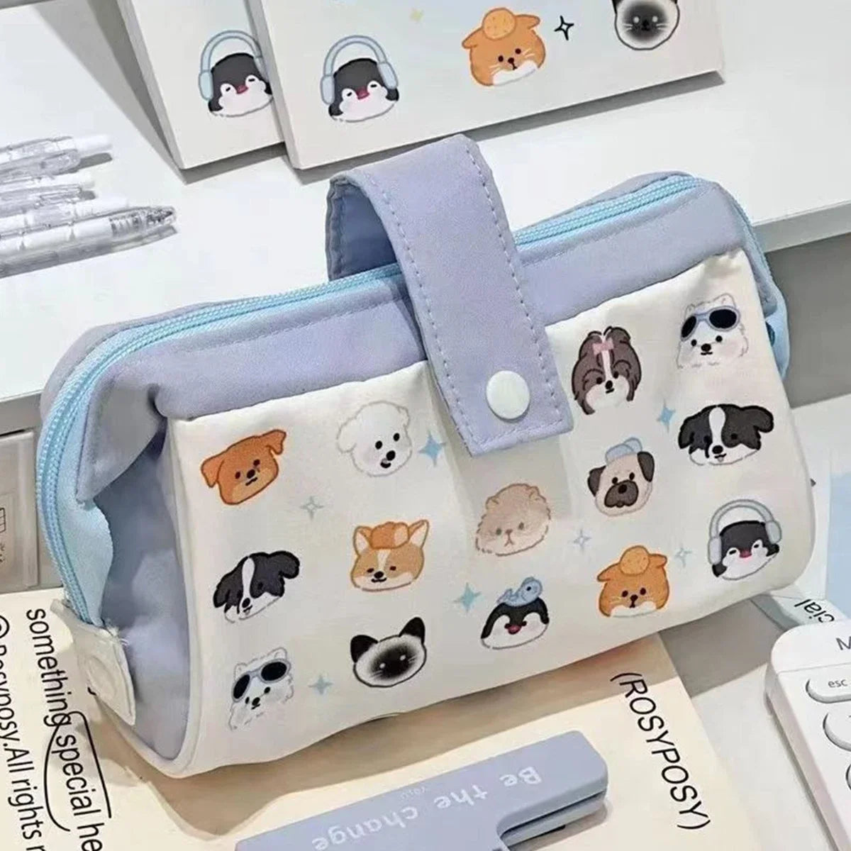 Estuche para lápices Modular con estampado de perro, multicapa, estilo Ins, gran capacidad, ecológico, organizador de papelería para estudiantes y bolsa de maquillaje