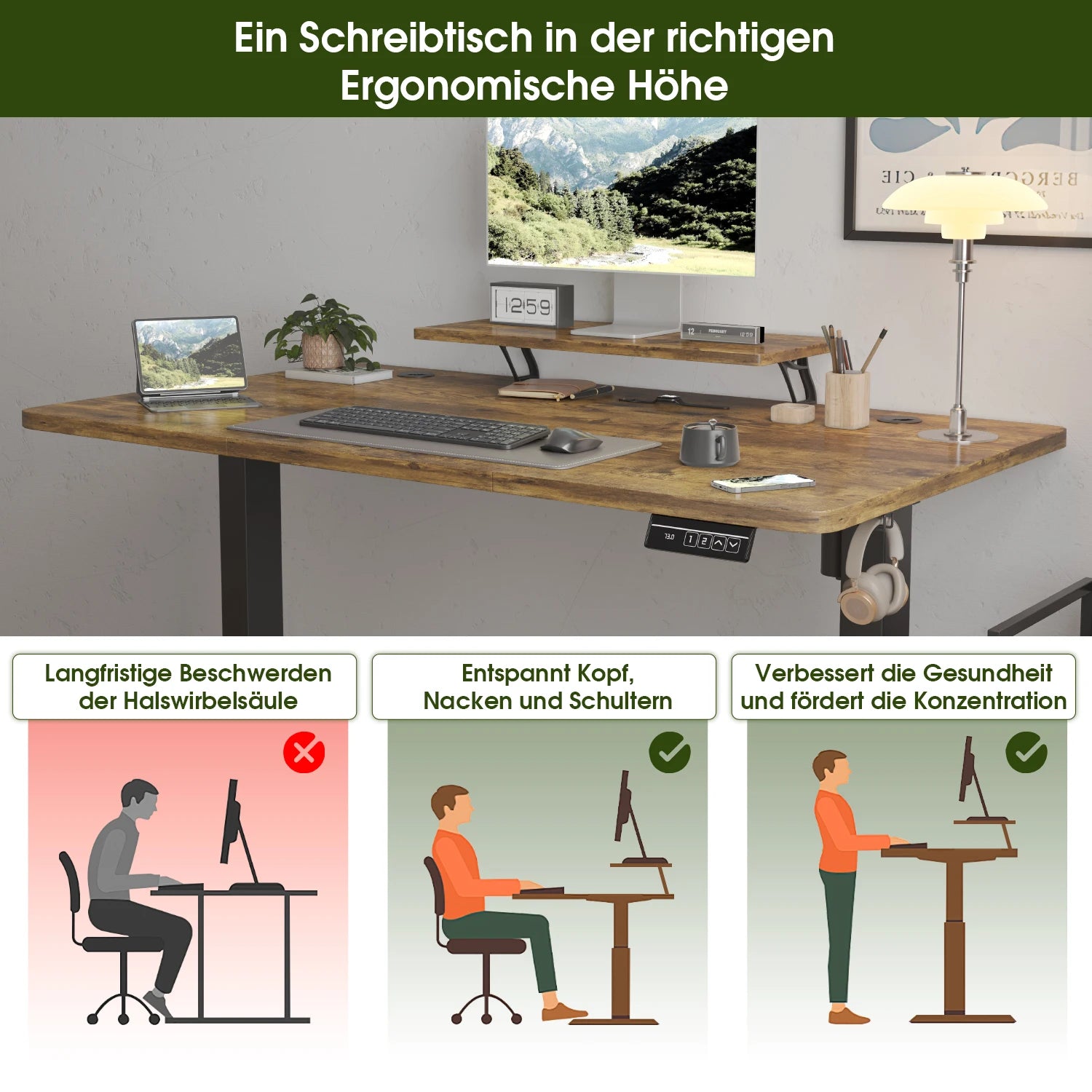 Devoko Escritorio eléctrico de altura ajustable 120 × 60 cm con soporte para monitor Asiento ergonómico Escritorio de pie (blanco)
